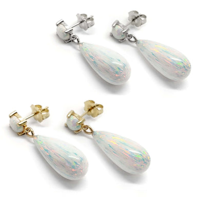 Simulated opal drop earrings in 14kt yellow and white gold, shown in pairs on white background