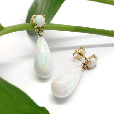 Simulated opal drop earrings in 14kt yellow gold displayed on a green leaf