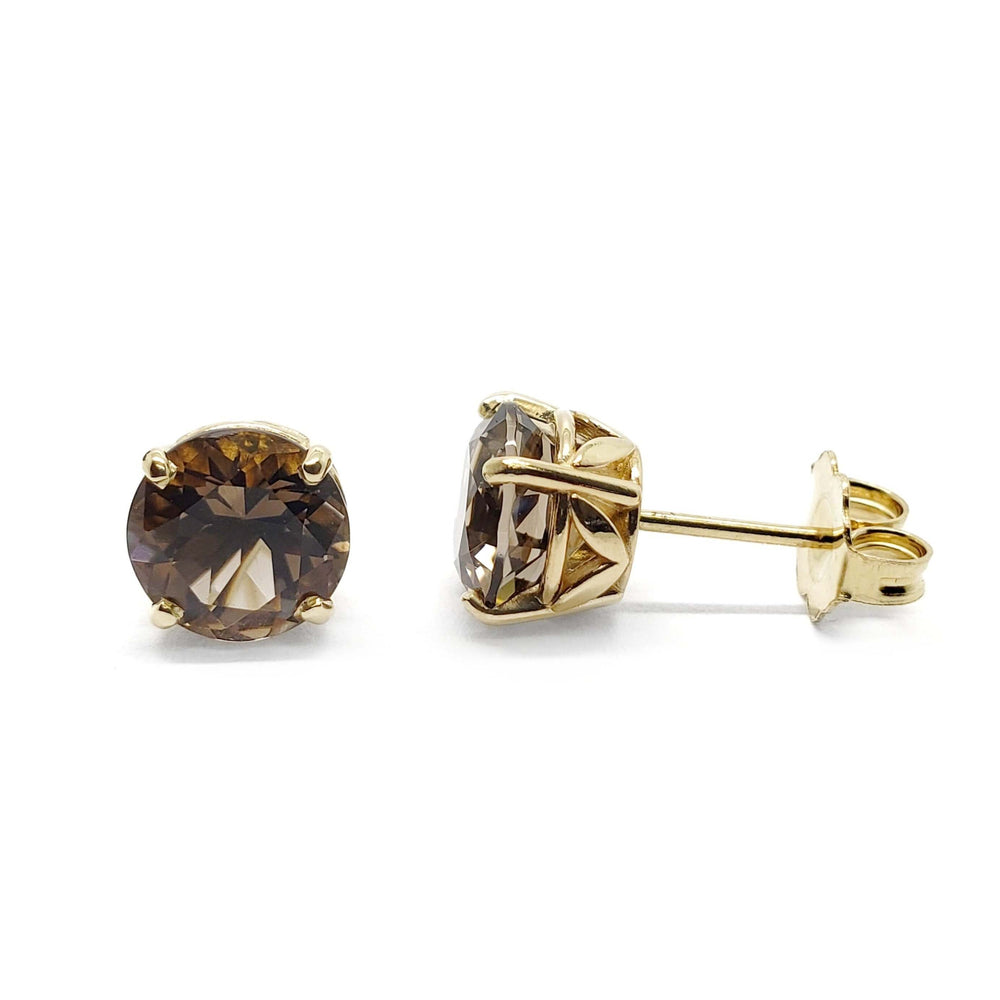 Pair of round smoky quartz stud earrings in 14kt yellow gold, floral basket setting