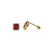 Pair of square step cut lab ruby stud earrings in 14kt yellow gold on white background