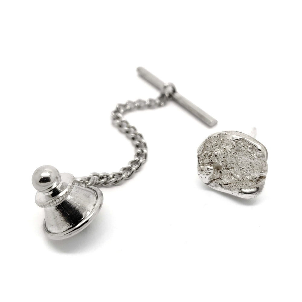 Sterling silver concrete textured tie tack and chain shown separated, handcrafted in Vancouver
