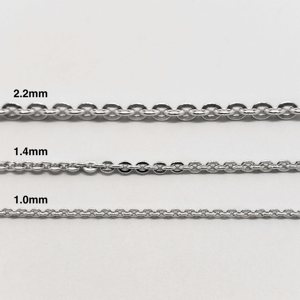 Sterling silver flat cable link chains in 1.0mm, 1.4mm, and 2.2mm thicknesses labeled