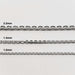 Sterling silver flat cable link chains in 1.0mm, 1.4mm, and 2.2mm thicknesses labeled
