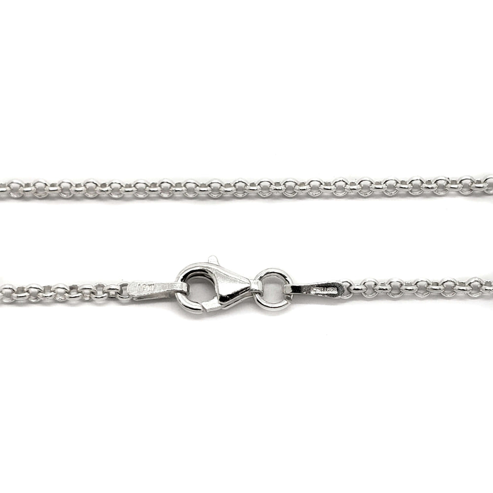 Sterling silver rolo chain necklace with lobster clasp, laid flat