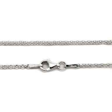 Sterling silver rolo chain necklace with lobster clasp, laid flat
