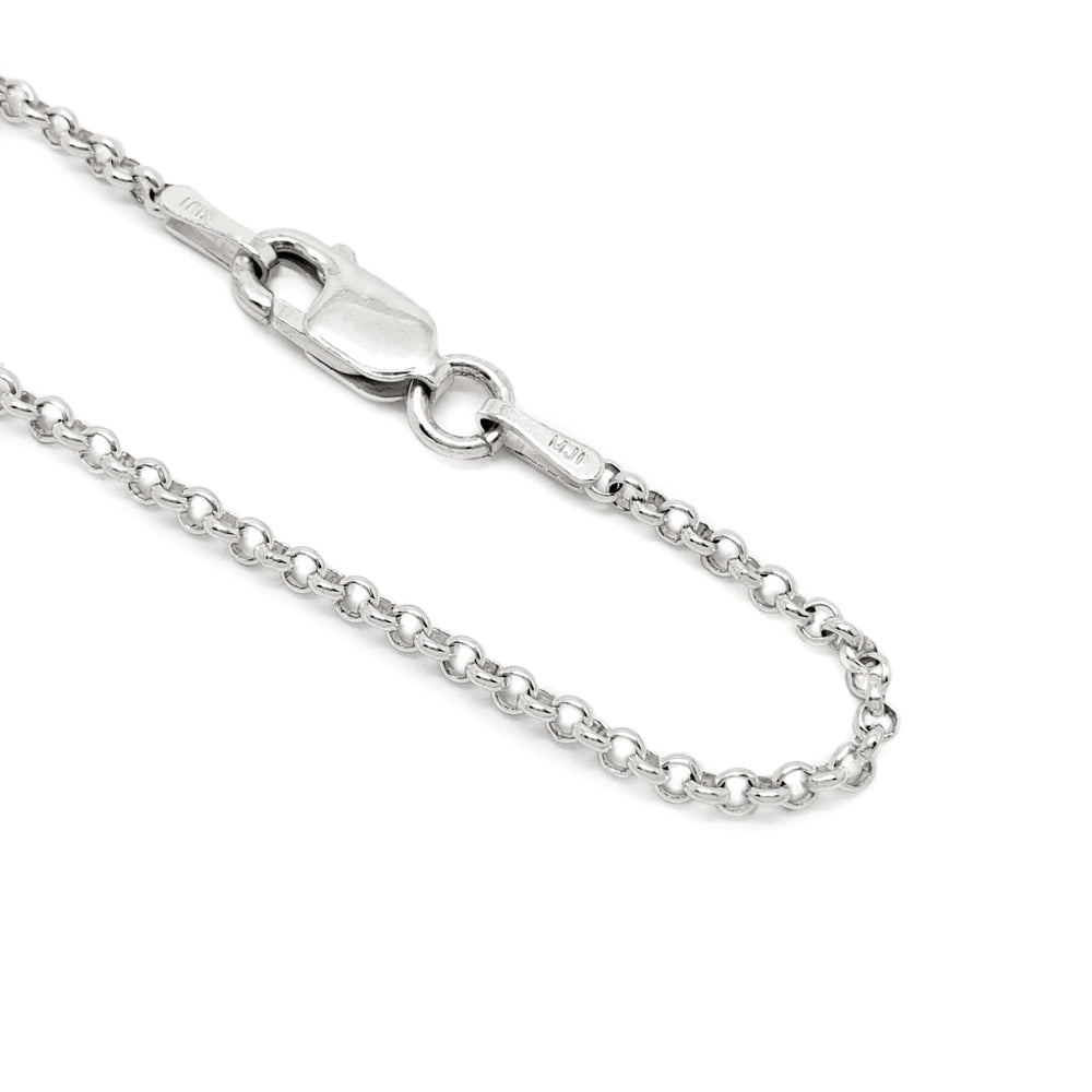 Close-up of sterling silver rolo chain with lobster clasp