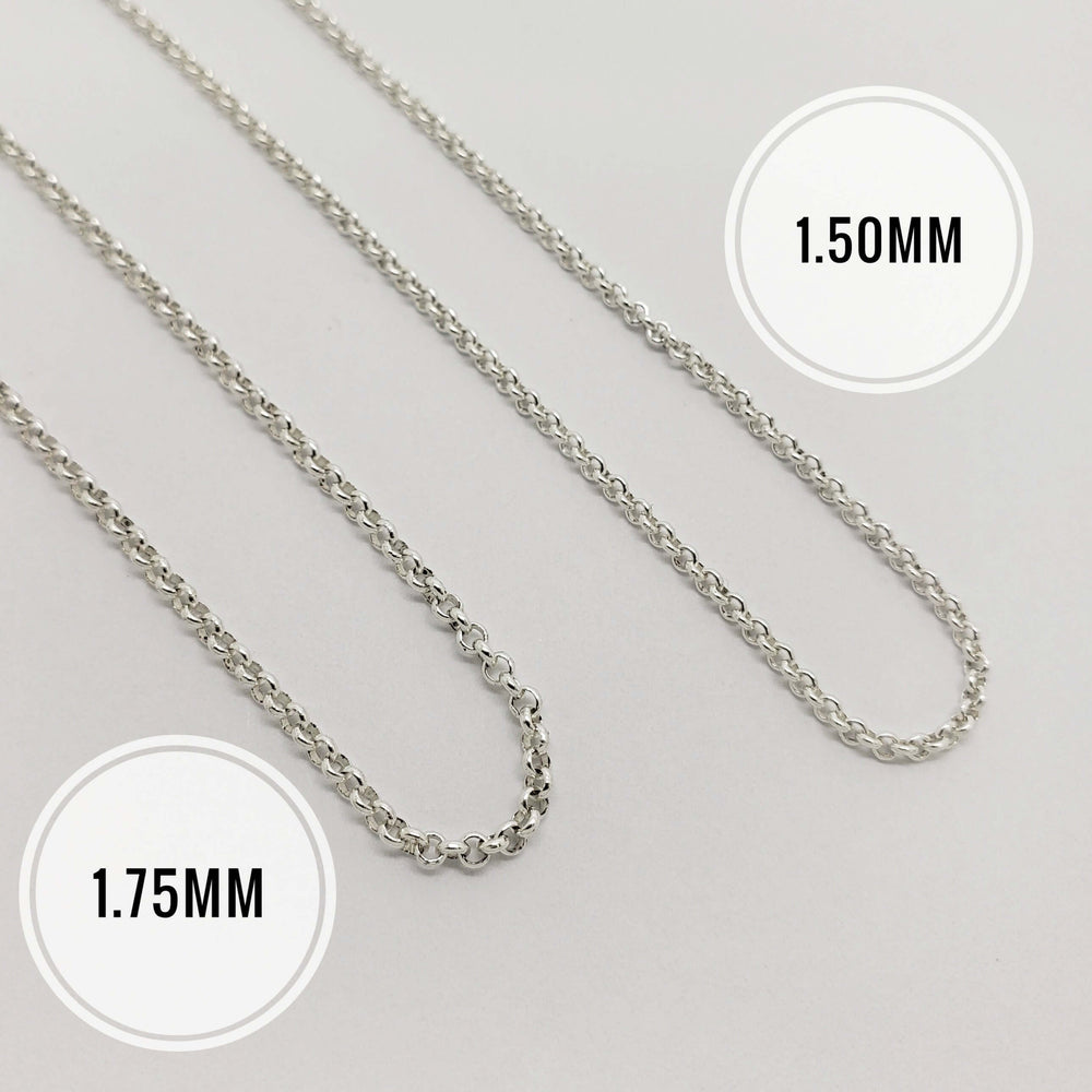 Two sterling silver rolo chains in 1.50mm and 1.75mm widths on white background