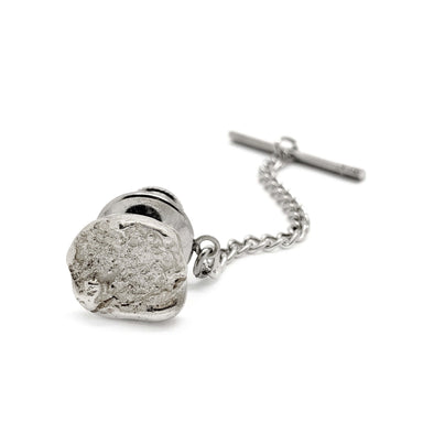 Sterling silver tie tack with concrete texture and chain, handcrafted by Era Design