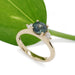 Teal Australian sapphire and lab diamond ring in yellow gold, shown with green leaf
