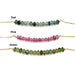 Teal, pink, and green tourmaline bead bar necklaces with labels on white background