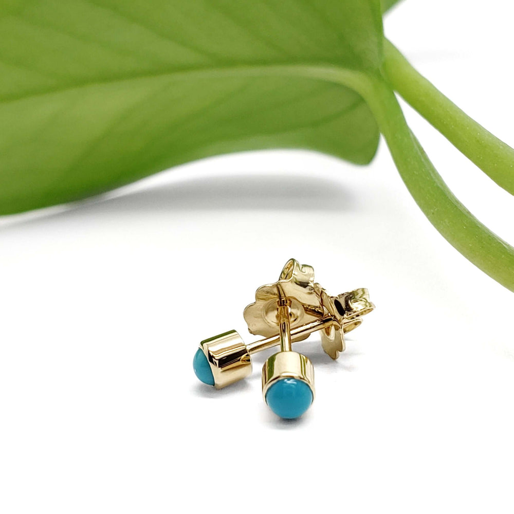 14kt yellow gold turquoise stud earrings resting near a green leaf