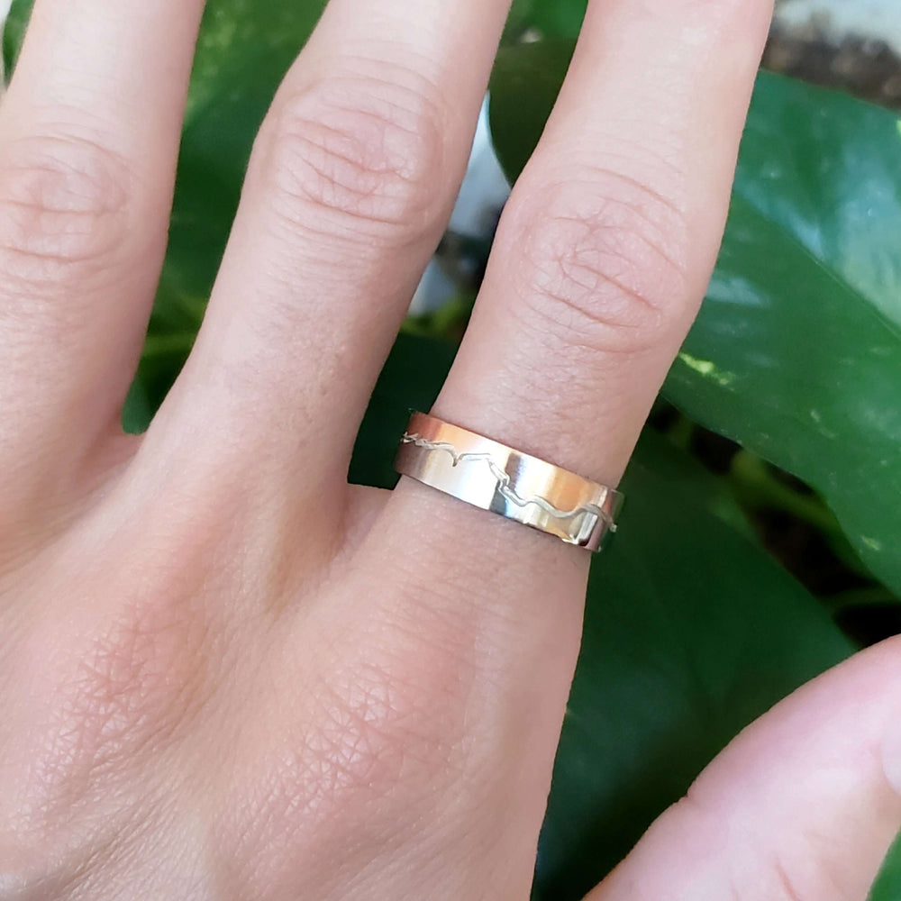 Two tone 14k white and rose gold mountain range ring shown on a hand