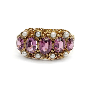 Victorian ring with five oval purple fluorite stones and round pearls in 15kt yellow gold