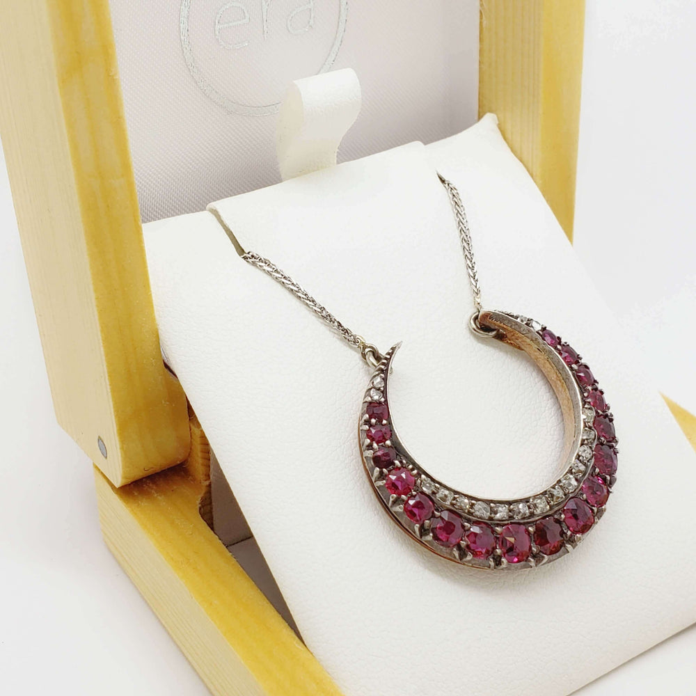 Victorian ruby and diamond crescent pendant necklace in wooden Era Design box.