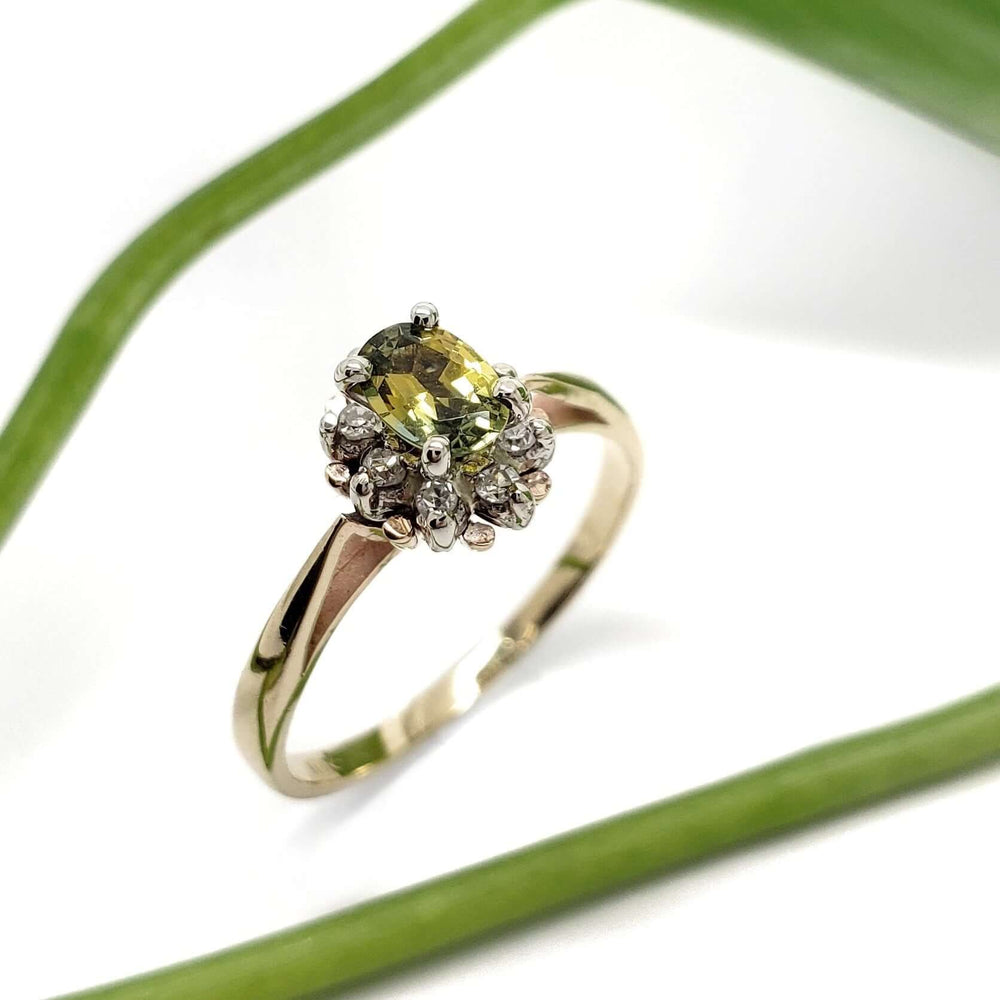 Vintage 10kt yellow gold sapphire and diamond halo ring styled with green leaves