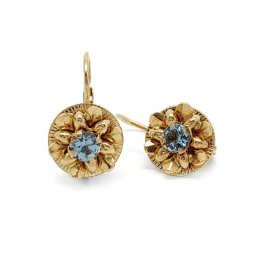 Pair of vintage lotus earrings in 14kt yellow gold with round sky blue topaz gemstones