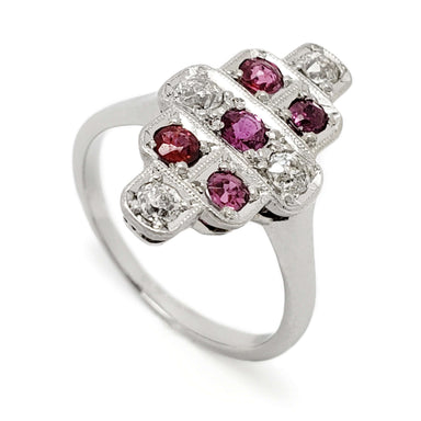 Vintage 18k white gold ring with bead set rubies and diamonds in geometric design