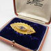 Vintage gold mourning pin with pearls and blue stone in original purple velvet box