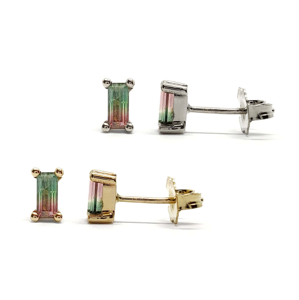 Pair of baguette-cut watermelon tourmaline stud earrings in 14kt yellow and white gold