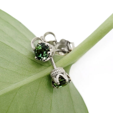 Close-up of green tourmaline stud earrings in white gold crown settings on a leaf