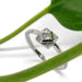 White gold lab diamond engagement ring with vintage-inspired millgrain beside a green leaf