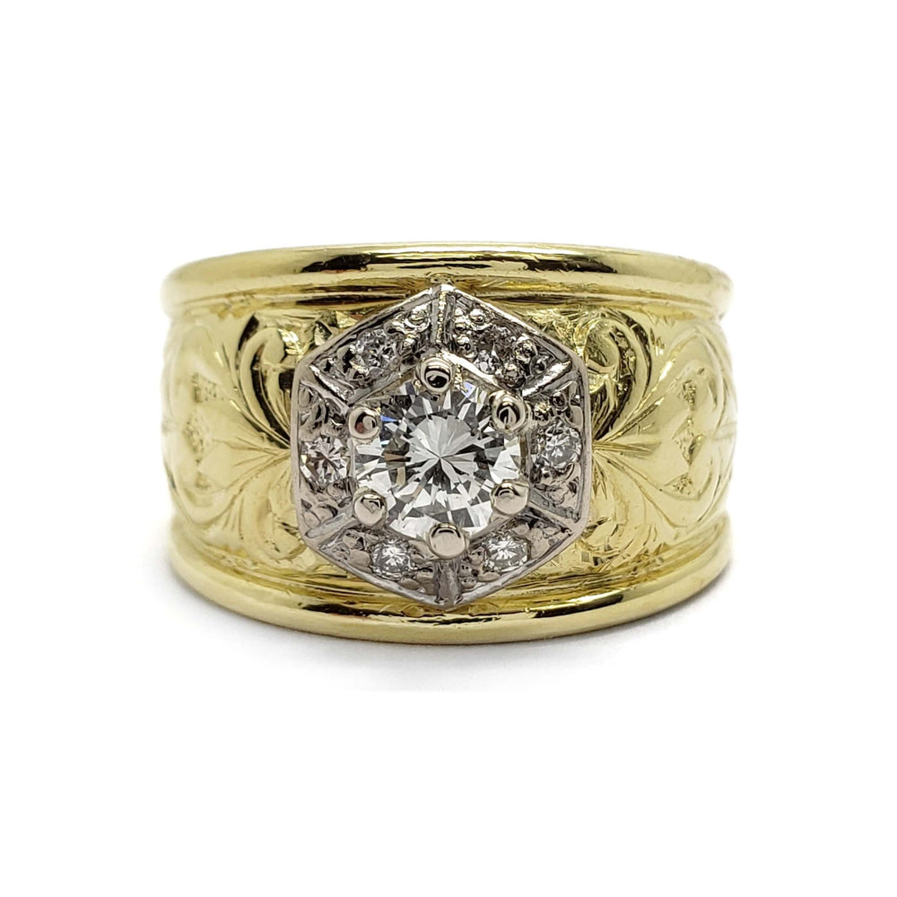 Wide engraved 18kt yellow and white gold ring with round brilliant cut diamond halo