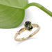 Yellow gold engagement ring with oval blue-green Australian sapphire, leaf detail, beside green leaf