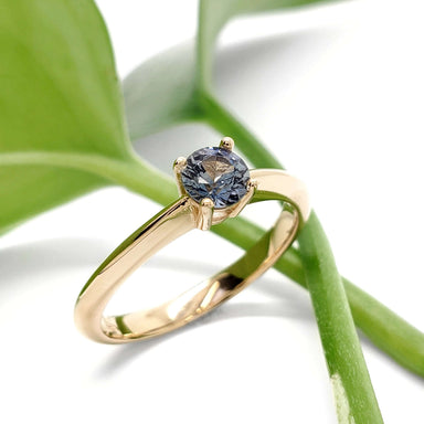 Yellow gold solitaire ring with blue Montana sapphire, displayed on green leaf