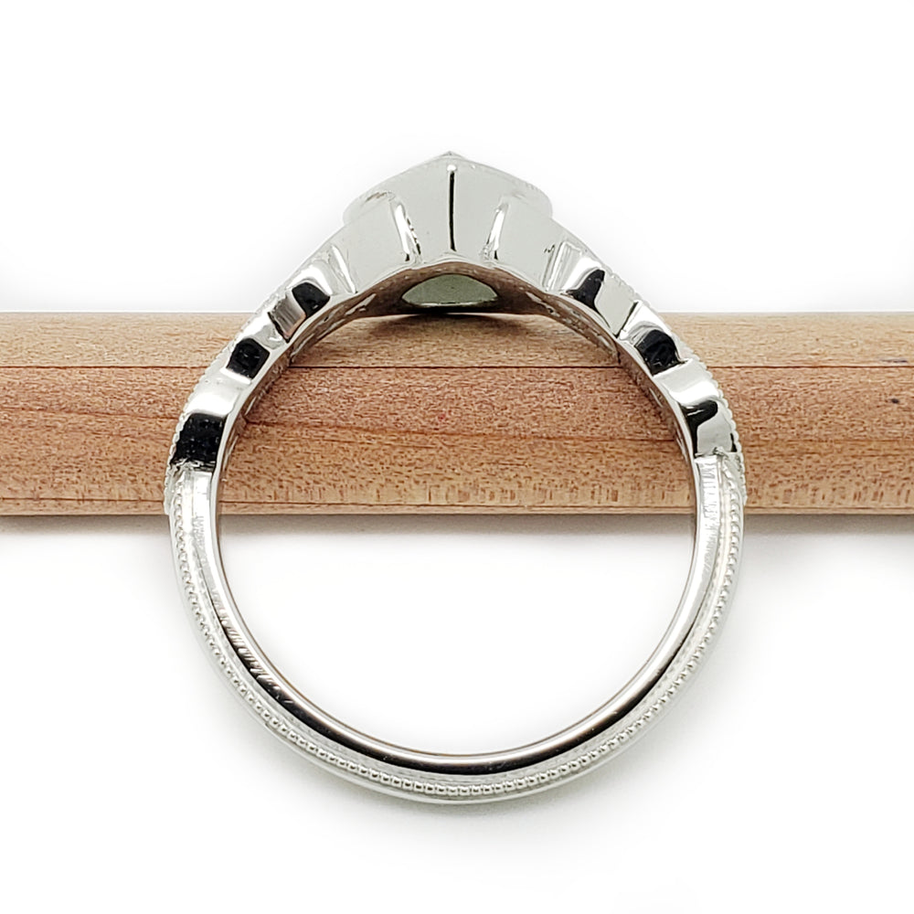 14kt white gold Zarina celtic interlace woven pear shaped rose cut green sapphire millgrain engagement ring era design vancouver