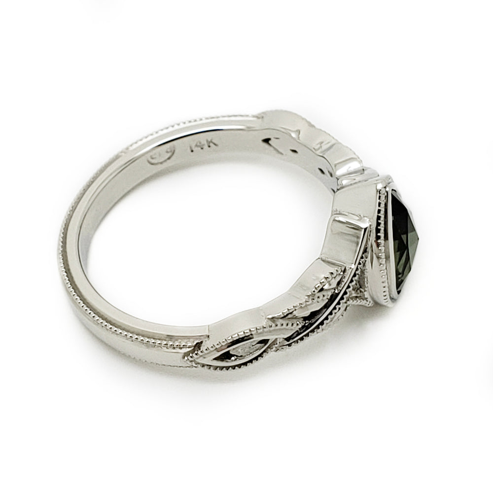 14kt white gold Zarina celtic interlace woven pear shaped rose cut green sapphire millgrain engagement ring era design vancouver