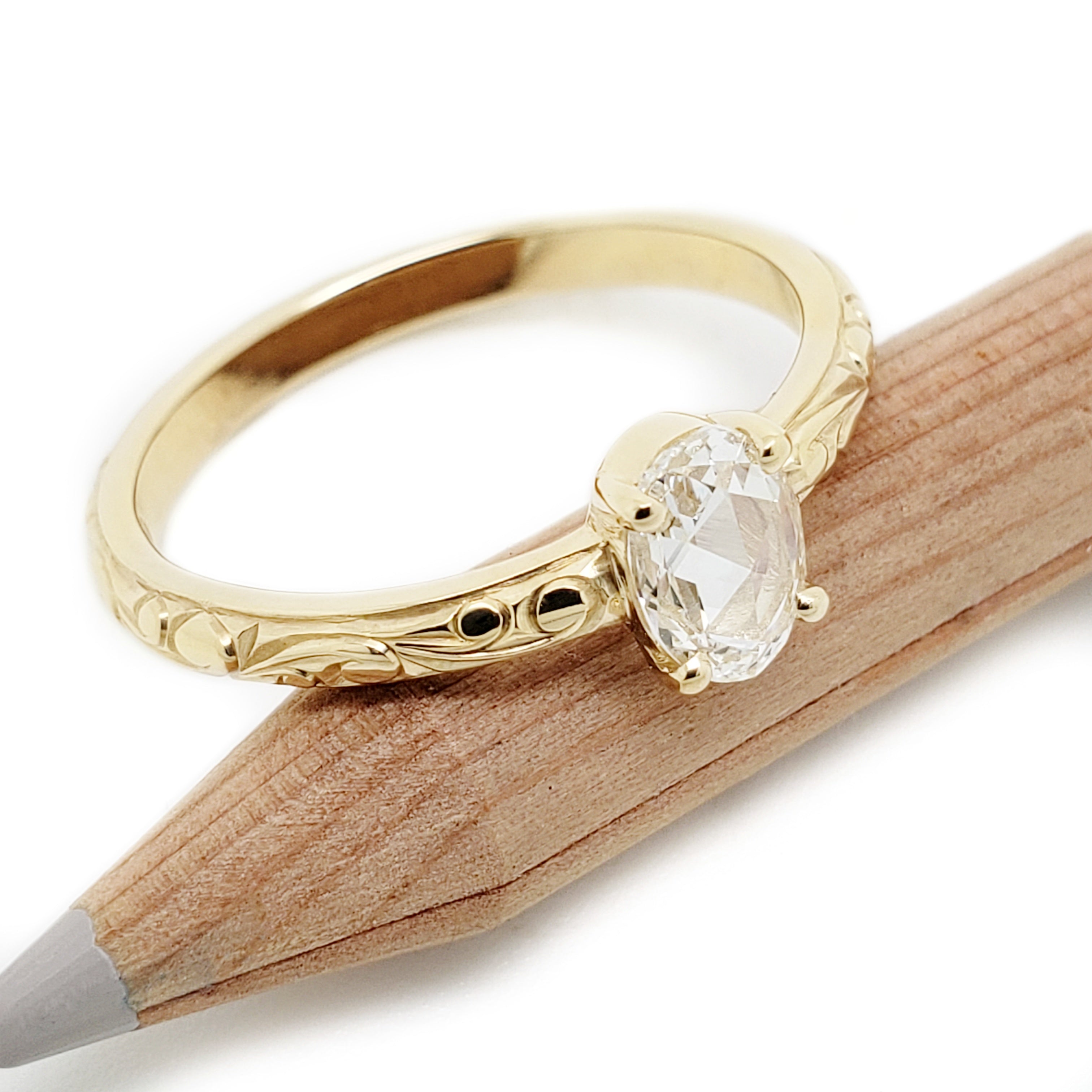 14kt yellow gold Georgina engagement ring rose cut diamond oval engraving era design vancouver