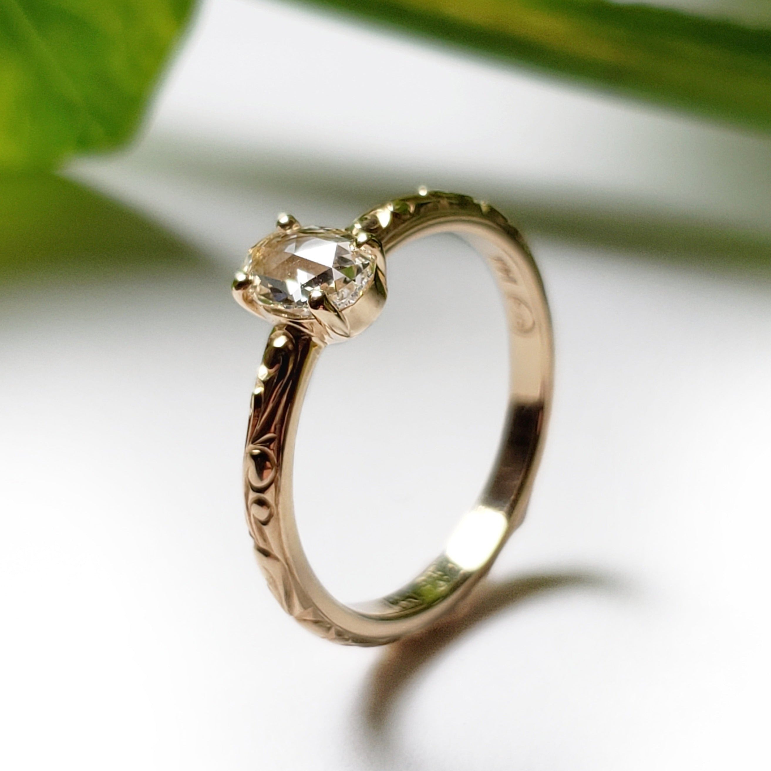 14kt yellow gold Georgina engagement ring rose cut diamond oval engraving era design vancouver