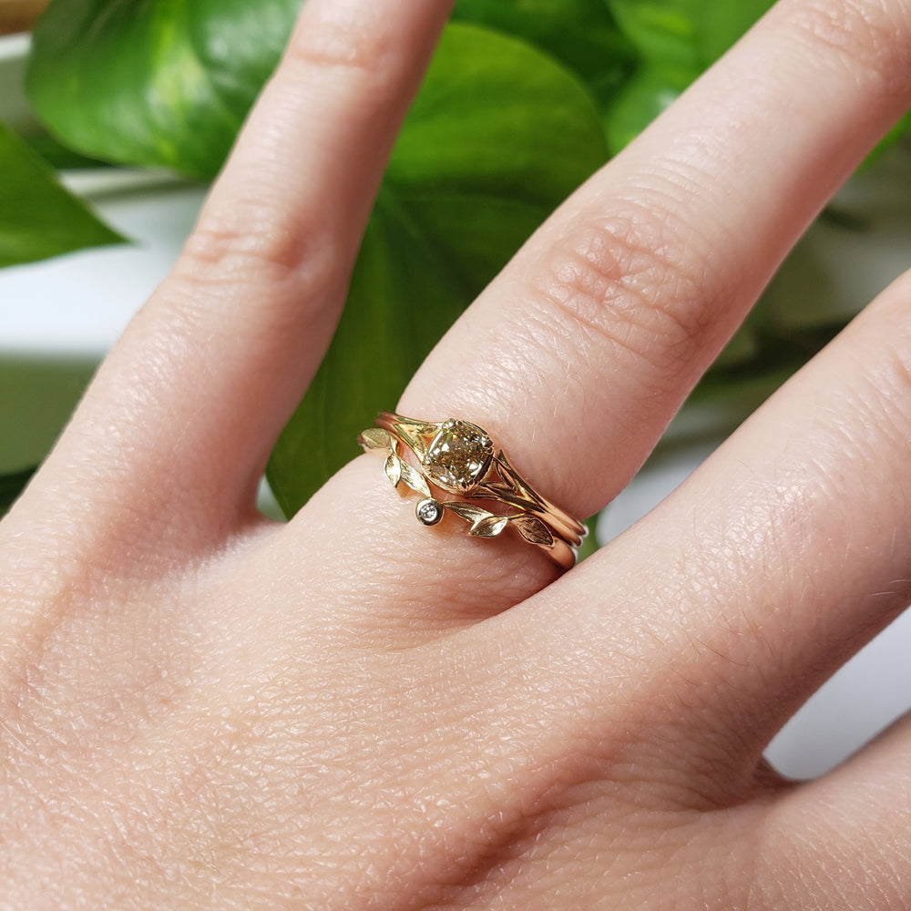 14kt yellow gold Idril engagement ring cushion cut cognac brown diamond solitaire leafy era design  