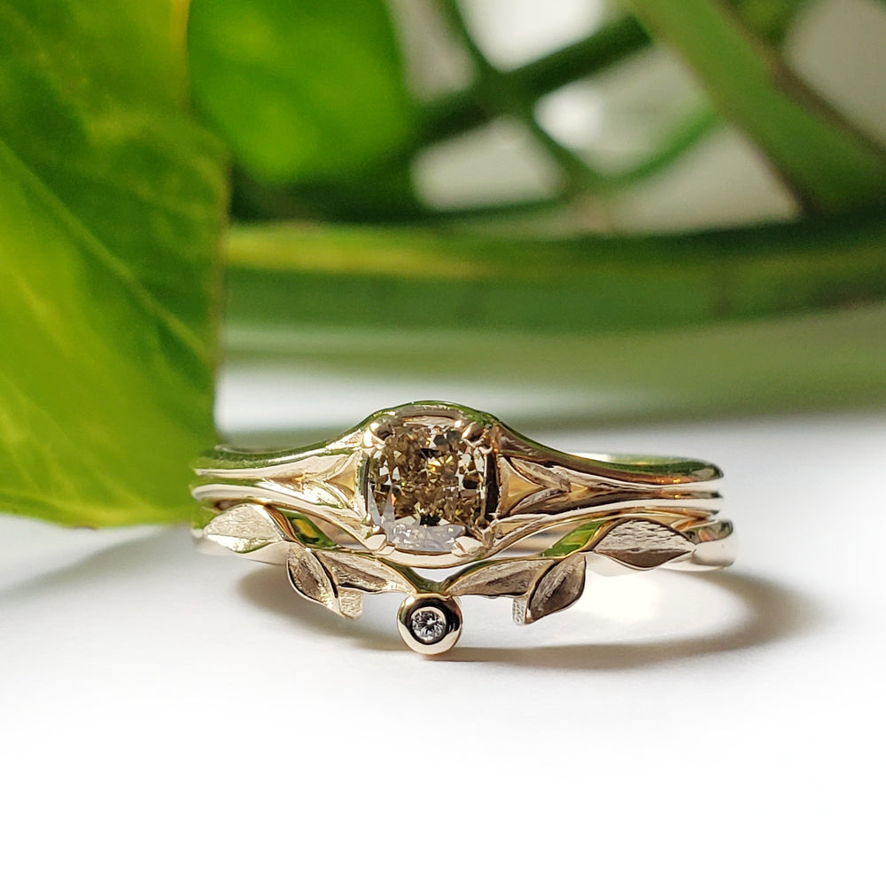 14kt yellow gold Idril engagement ring cushion cut cognac brown diamond solitaire leafy era design  