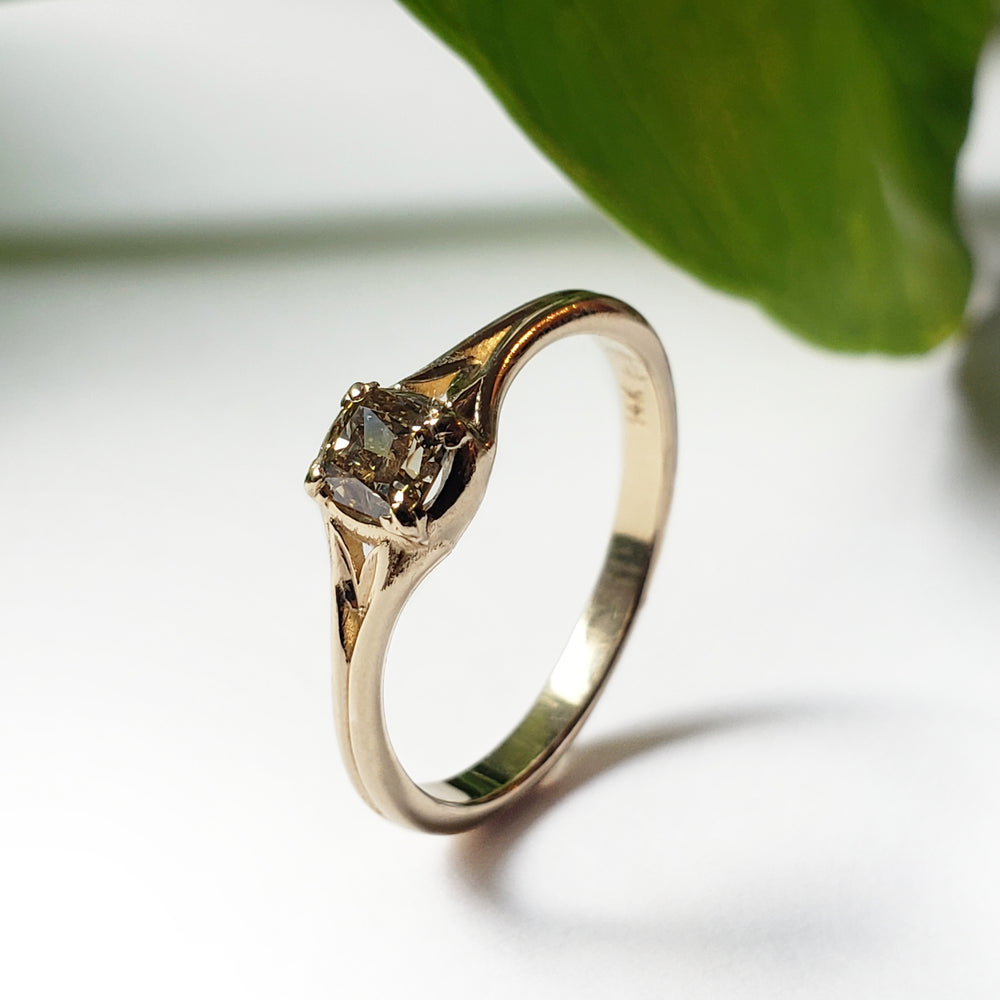 14kt yellow gold Idril engagement ring cushion cut cognac brown diamond solitaire leafy era design  