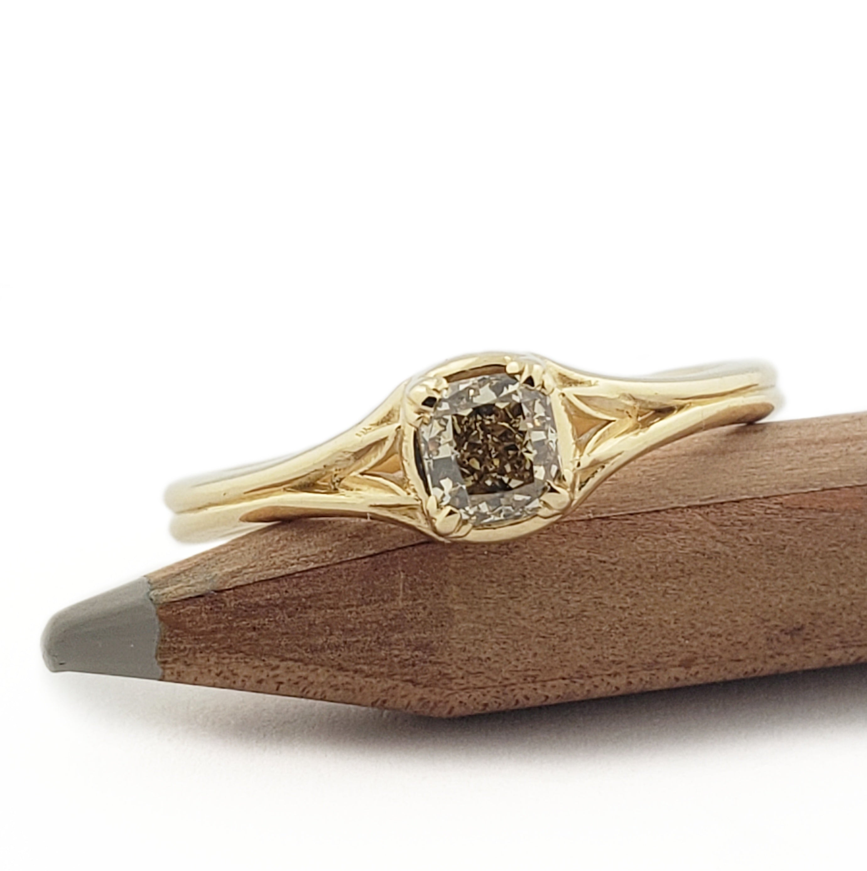 14kt yellow gold Idril engagement ring cushion cut cognac brown diamond solitaire leafy era design  
