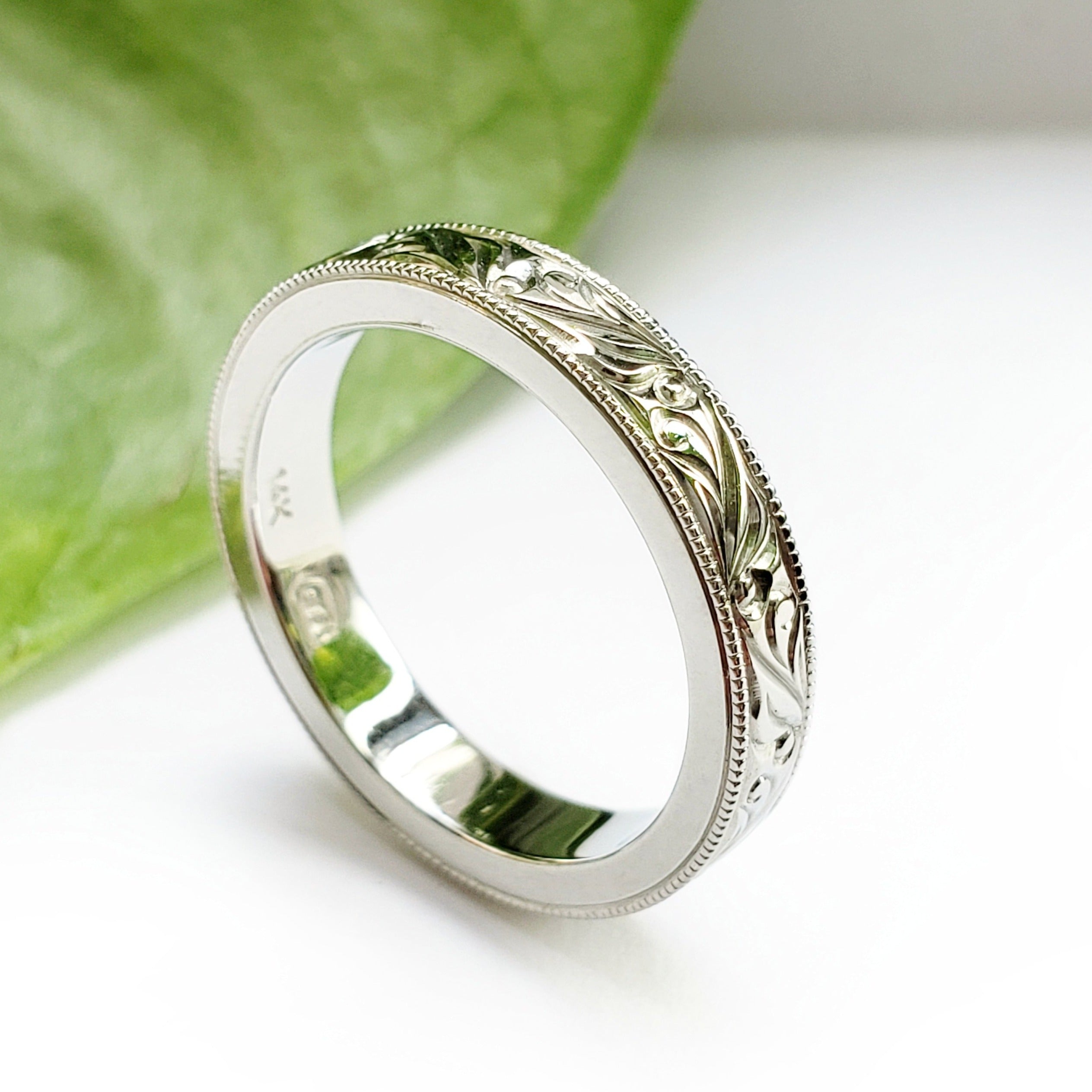 White Gold Hand Engraved Wedding Ring | Era Design Vancouver Canada