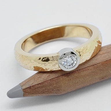 Dawn | Handcrafted 14kt yellow gold conflict free diamond ring with textured band.